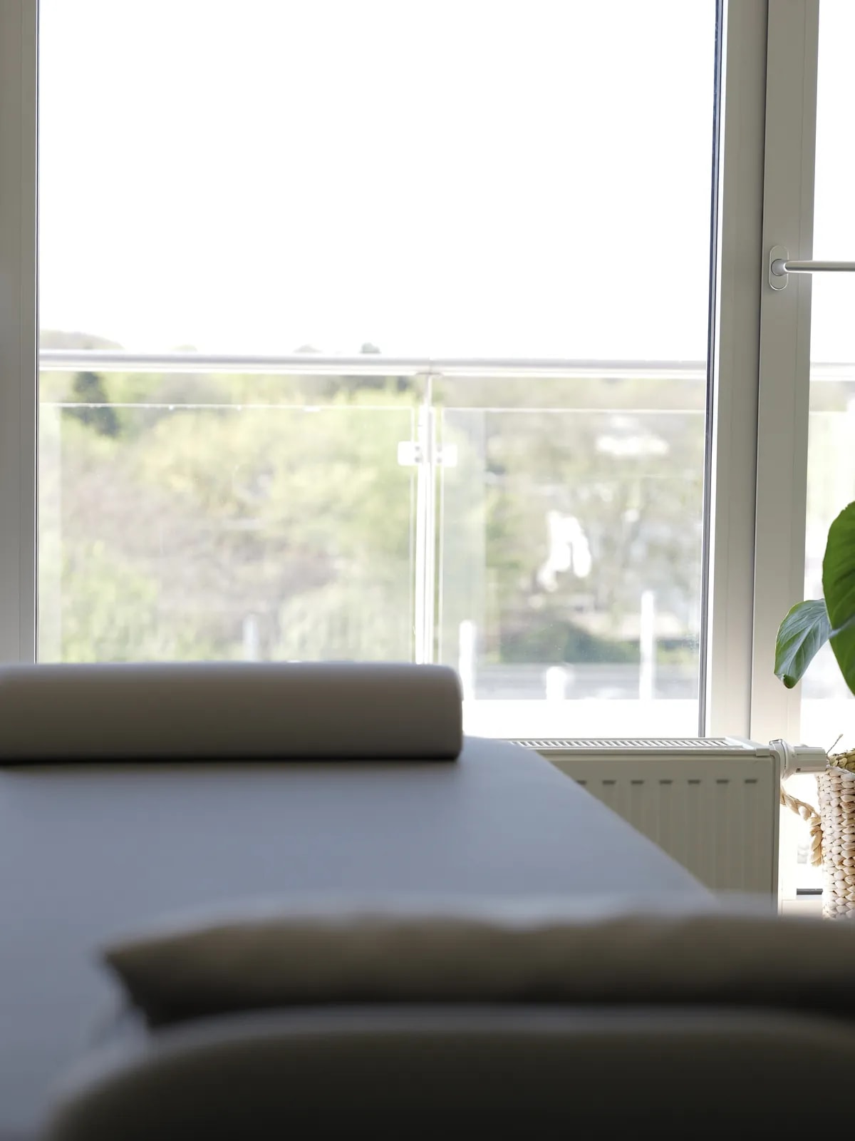 Graue Behandlungsliege mit Nackenrolle vor einem Fenster mit Blick ins Grüne.
